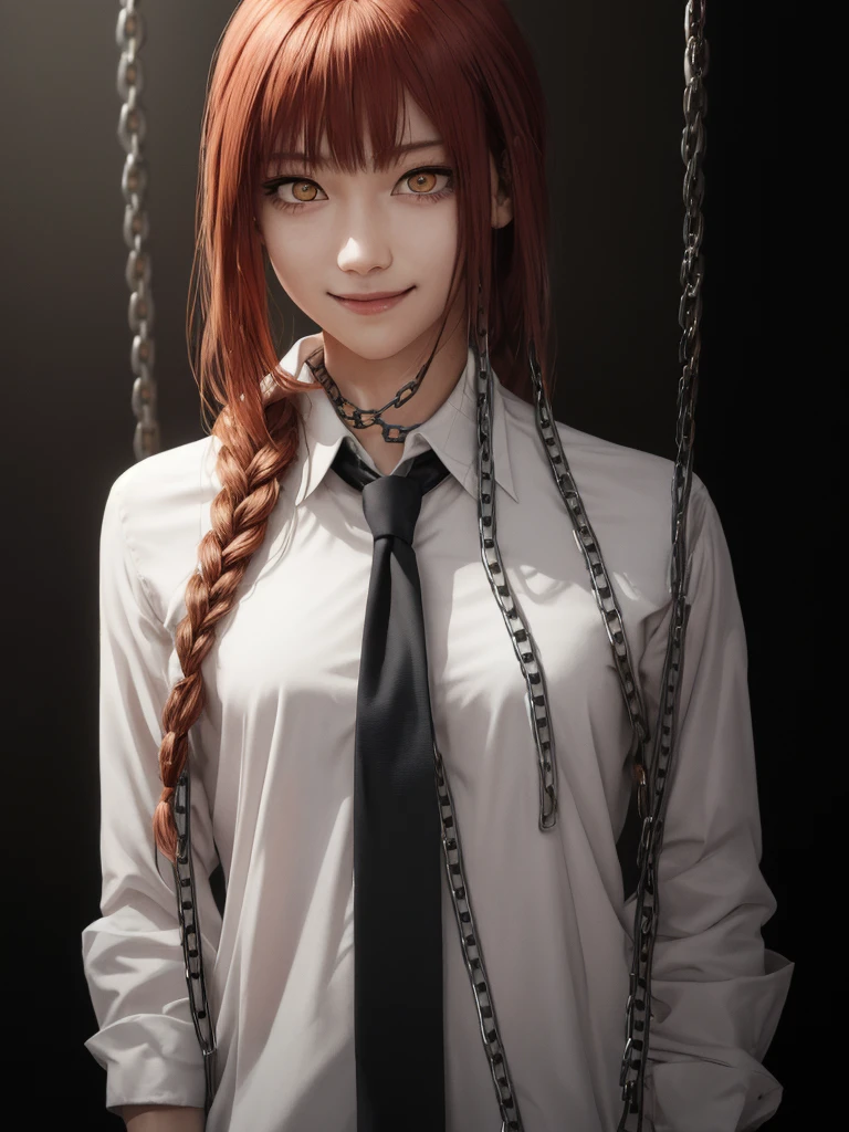 (masterpiece), (best quality),makima \(chainsaw man\), best quality, ultra detailed, 1girl, solo, standing, red hair, long braided hair, golden eyes, bangs, medium breasts, white shirt, necktie, stare, smile, (evil:1.2), looking at viewer, (interview:1.3), (dark background, chains:1.3)