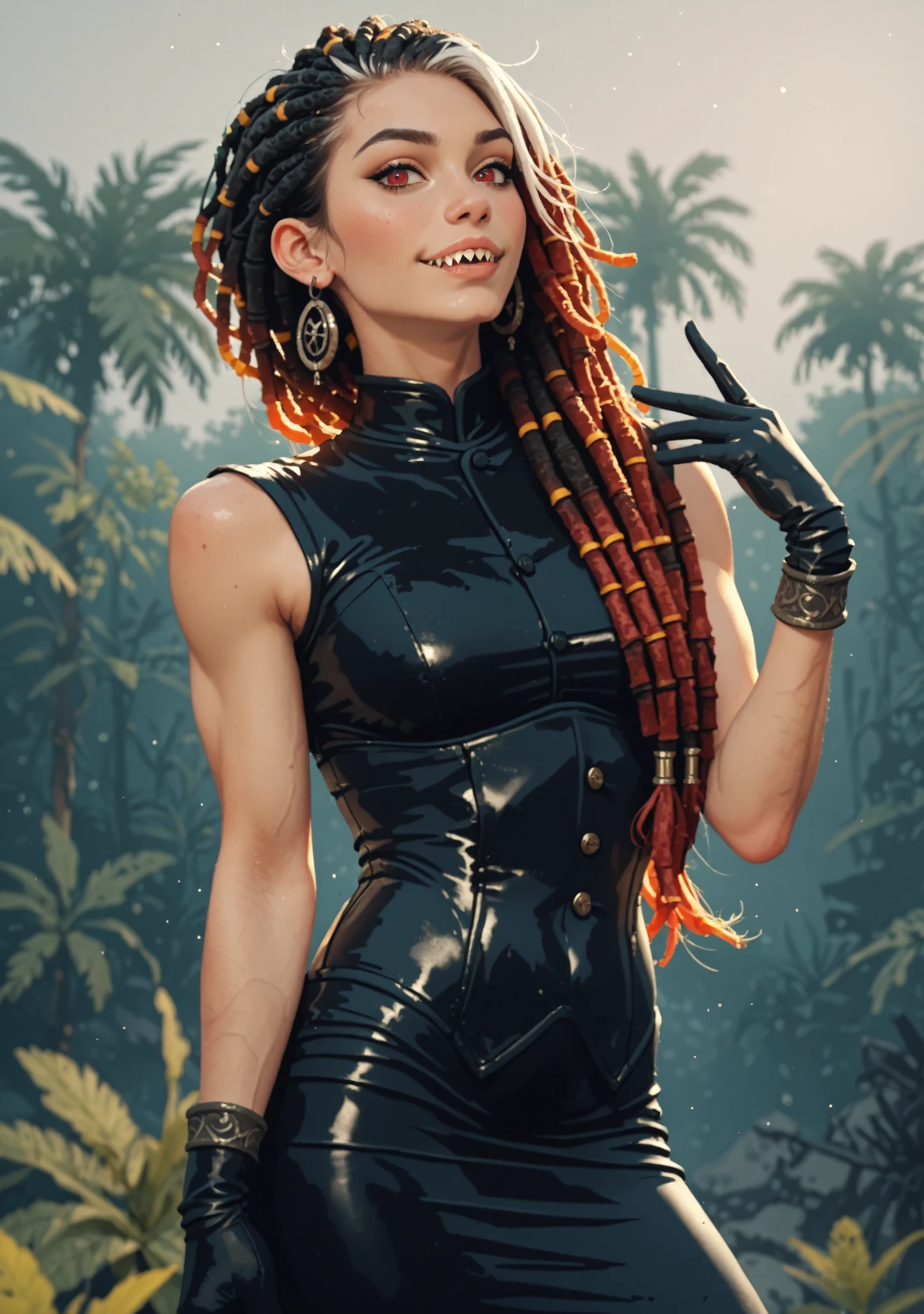 Slender body. White skin. Cute 18-year-old Asian girl with Asian red eyes and sharp teeth and dreadlocks with white highlights. She has a cute and beautiful face. She has a round and young face with a pointy chin. Her body is athletic with abs. She wears an intricate medieval leather cheongsam dress with corset and buttons. Background: medieval jungle ruins. Realistic lighting. DnD art-style. Looking at the viewer.