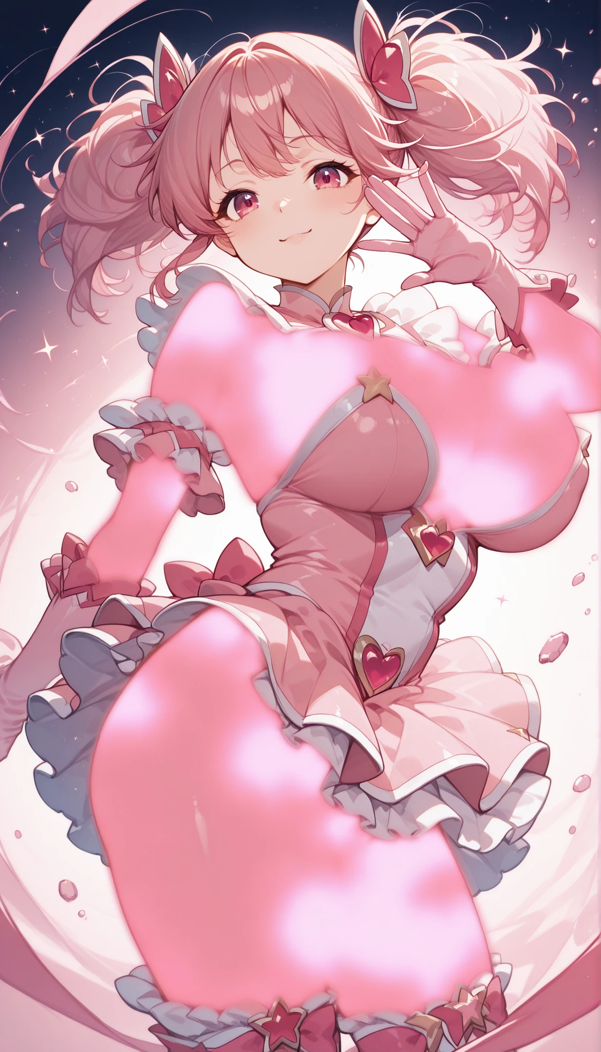 (Masterpiece:1.2), (The best quality:1.2), Perfect lighting, dark magician girl, touching her and making a heart with her fingers, floating in the air, big tits, neckline, magic background. She comes out of a magical Portal1.1.
