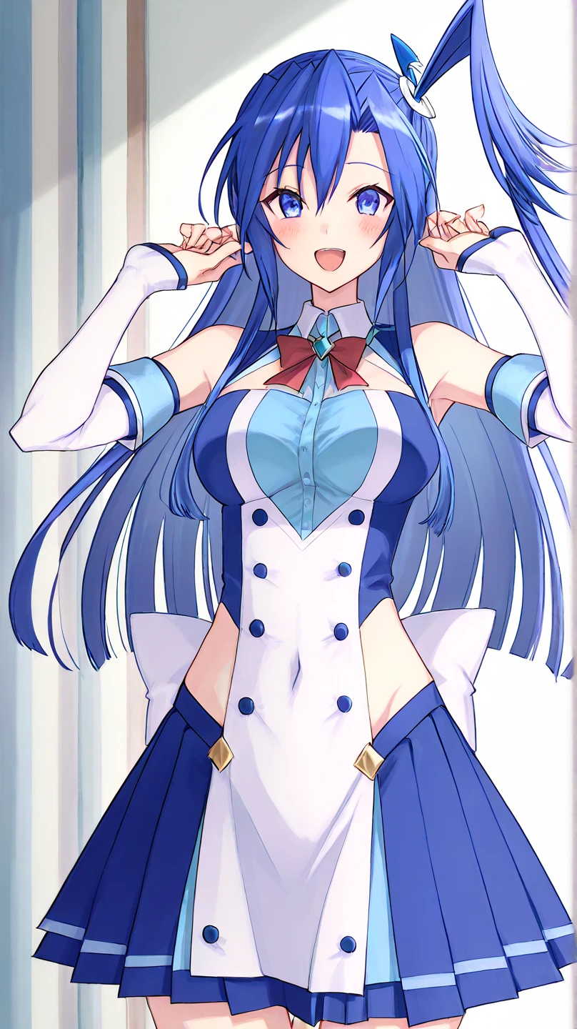 ((masterpiece,best quality)), absurdres, looking at viewer,
<lora:Aqua_Konosuba:0.7>, AquaKnsb-KJ , skirt , thighhighs, blue shirt , detached sleeves, thigh boots, bow,
:o, blushing,
<lora:beautiful detailed eyes:0.7>, beautiful detailed eyes,