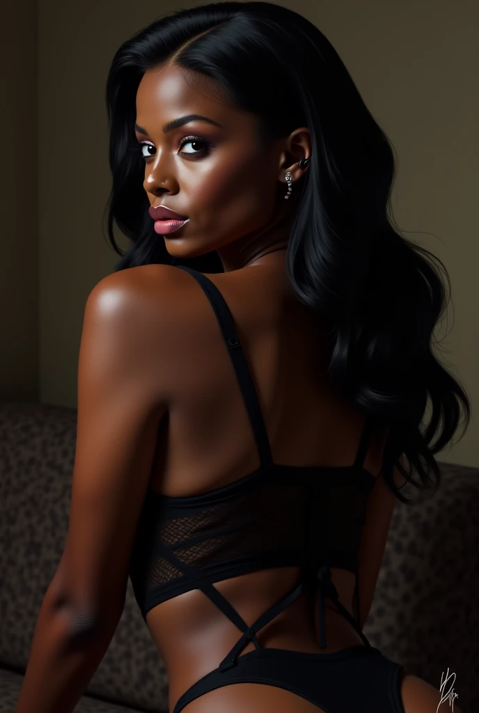 Erstellen Sie eine hyperrealistische, photorealistic photo of 30 year old black woman, Emphasizing her detailed and perfect facial features, hat lange, slightly curly black hair and striking gray-hazel eyes. kleine Nase, kurvig, Very big tits, Brustgröße (Cup size 90K). capturing the essence of her beauty and maturity, characteristic of a 30 year old black MILF. Der Stil sollte hochwertig sein, Kunstrealismus, Jedes Detail wird erfasst, um eine lebensechte und authentische Darstellung zu vermitteln, mit ((Underwear and)), gute Heirat, sexy Fotos, lies mit her back on the bed