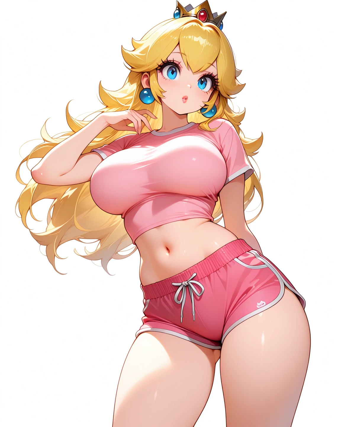 <lora:PrincessPeach1:1>, masterpiece, best quality, indoors, doctors room,  perfect anatomy, ((by sinensian, by sugarlesspaints)), 1girl, solo, long hair, breasts, looking at viewer, blush, smile, bangs, blue eyes, large breasts, navel, cleavage, bare shoulders, jewelry, blonde hair, collarbone, ponytail, earrings, parted lips, shorts, stomach, muscular, underboob, cameltoe, crown, sports bra, pink shorts, princess peach, indoors gym, detailed, puckered lips, hot pink lipstick, lips,