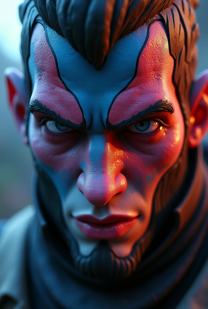 To create a character with Sukuna&#39;s face tailored to your specifications, We will detail each aspect taking into account the level of detail required.. Next, I offer you a detailed description that integrates all the requested features:

### **Description of Sukuna&#39;s Face in Real Life**

1. **Face Shape**:
   - **Square and Hypermasculine**: The face should have a square structure with a very defined jaw and a strong jaw line.. The forehead is broad and the chin is well pronounced., which provides a robust and masculine appearance. The general outline is straight and angular., emphasizing masculinity.

2. **Facial features**:
   - **cheekbones**: Cheekbones should be high and prominent., accentuating the square profile of the face and providing a solid facial structure.
   - **jaw**: The jaw should be strong and well defined., contributing to the hypermasculine look. The jaw line is straight and clear.
   - **nose**: Straight and proportionate, with a shape that fits the strong structure of the face. It should be medium sized, without being too prominent.
   - **boca**: With well-defined lips, The mouth should be moderately wide with a serious and strong expression., in keeping with the character&#39;s character.

3. **eyes**:
   - **heterochromia**: One eye is blue and the other is emerald green., imitating the intensity of Satoru Gojō&#39;s eyes but with the contrast of colors. The eyes should be symmetrical and proportionate., with a shape that maintains Sukuna&#39;s intense and penetrating expression, but balanced and harmonious in a realistic context.

4. **hair**:
   - **light brown color**: The hair should be a light brown shade, with a texture that complements the square face. It can be short or medium length., with a style that accentuates the masculinity and presence of the character. 

5. **fur**:
   - **Color and Tone**: fur extremadamente blanca, pale with red undertones.