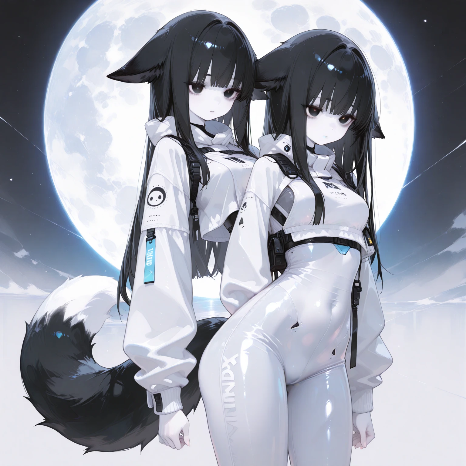 ((women Bodysuit bleck)),((bare breasts,medium breasts,bare pussy)),((very long white hair, red eyes, hopeless face)),((standing, 1 arm behind the back)), in a haunted forest, at night,