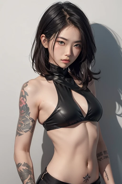 tall and 16 years old Asian woman,(Frown and Angry), BDSM,slave,Rubber,Black Corset,Bondage,Collar,NSFW,((Best Quality, 8k, Masterpiece:1.3))), Highly Detailed Face and Skin Texture、Detailed Eyes、 DSLR, high quality, film grain, fair skin, photo realism,translucent,cool beauty,short hair,Black hair,Precisely expresses details such as face and skin texture,beautiful eye, double eyelid,delicate skin,slender body shape,alone,very small breasts,pretty tattoo