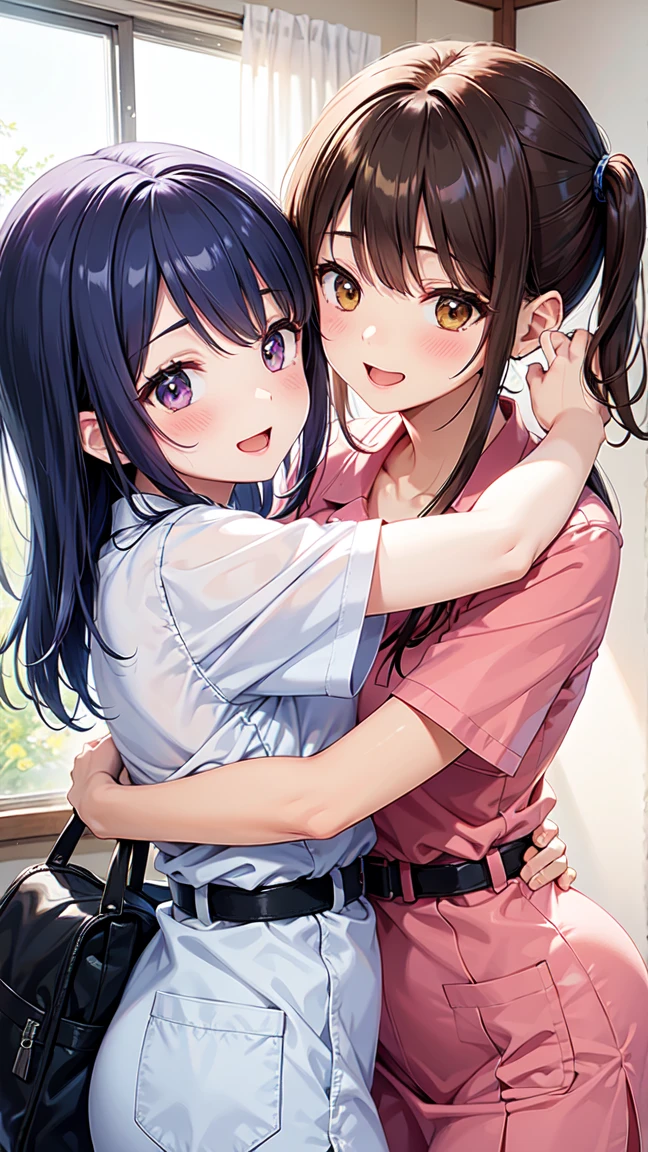 Two Girls, underwear, Patterned cotton panties, Fabric Realism, Translucent slip, hug, Lift up your skirt