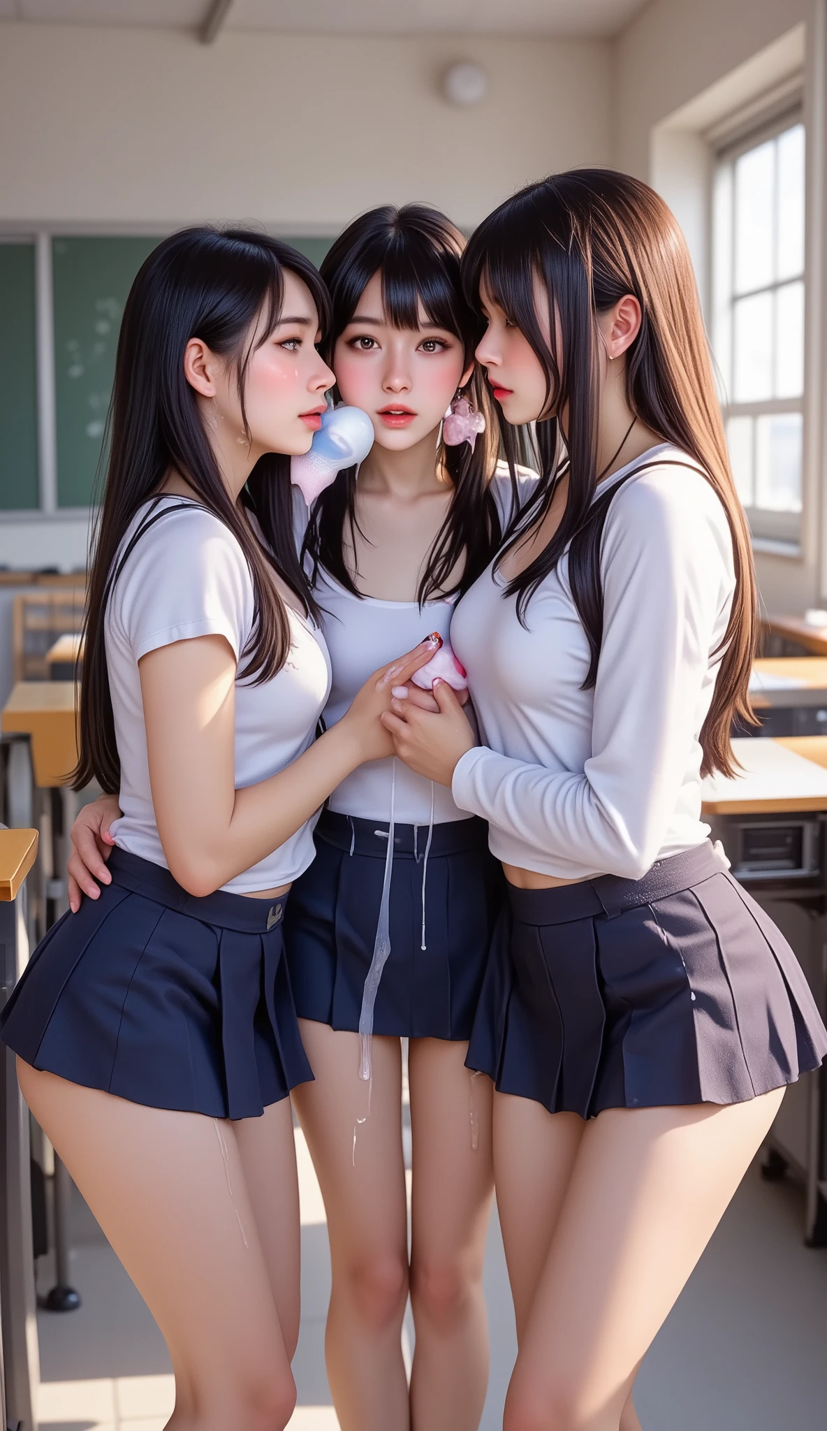 group of mixed school girls squatting and spreading their legs, massive breasts, nudity, wet, sweaty, detailed, photorealistic, photo, realism, hyper realistic, masterpiece, good anatomy, bukkake, sex, classroom, school, covered in bukkake, wet hair, filled holes, squatting with legs spread apart,