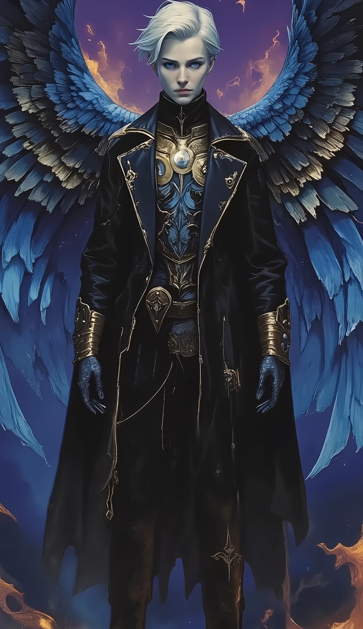 Cinematic hyper real dark theme dark fantasy, horror art, body shot of a confident 38 year old man with short, white hair and bright blue eyes behind sharp aquiline facial features. He is impeccably dressed in a sleek, black, high-collared coat and tailored ves twith intricate angelic script in silver, giving him an elegant yet mysterious appearance. Slim but tall proud with majesty, large wings spread outward glowing with blue fire, illuminating the dark, cosmic background with shades of indigo and purple. The lower part of his coat appears to be smoking, adding to the dramatic, supernatural atmosphere. The overall scene is intense and otherworldly, blending elements of dark fantasy and celestial power, nobility mixed with something one shouldn't see. He is part mythological lion dragon angel monster saint The whole thing is incredibly detailed., both the handsome being of radiance and the celestial fantasy aidmafluxpro1.1 no humans dahuangdongjing