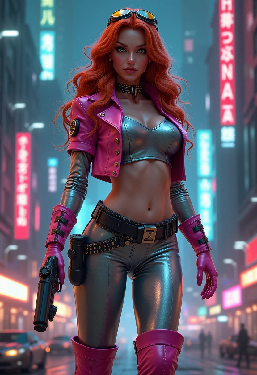 In this captivating image, the central female character exudes confidence and authority, her curly red hair a vibrant contrast to the sleek pink suit with gold accents, complete with gloves and boots that evoke a sense of uniformity. Her hands firmly grasp two pistols, their metallic surfaces and grips gleaming in the light as she surveys the dynamic background with a determined gaze. The explosion of colors behind her, featuring blues and greens, adds to the overall sense of energy and action, evoking the world of comic books or video games where she takes center stage as a powerful superhero, , retina, accurate, masterpiece, super detail, high details, best quality, award winning, highres, HD, 4K, 8k, 16k, retina, accurate, masterpiece, anatomically correct, textured skin, super detail, high quality, award winning, highres, 8k, 16k
