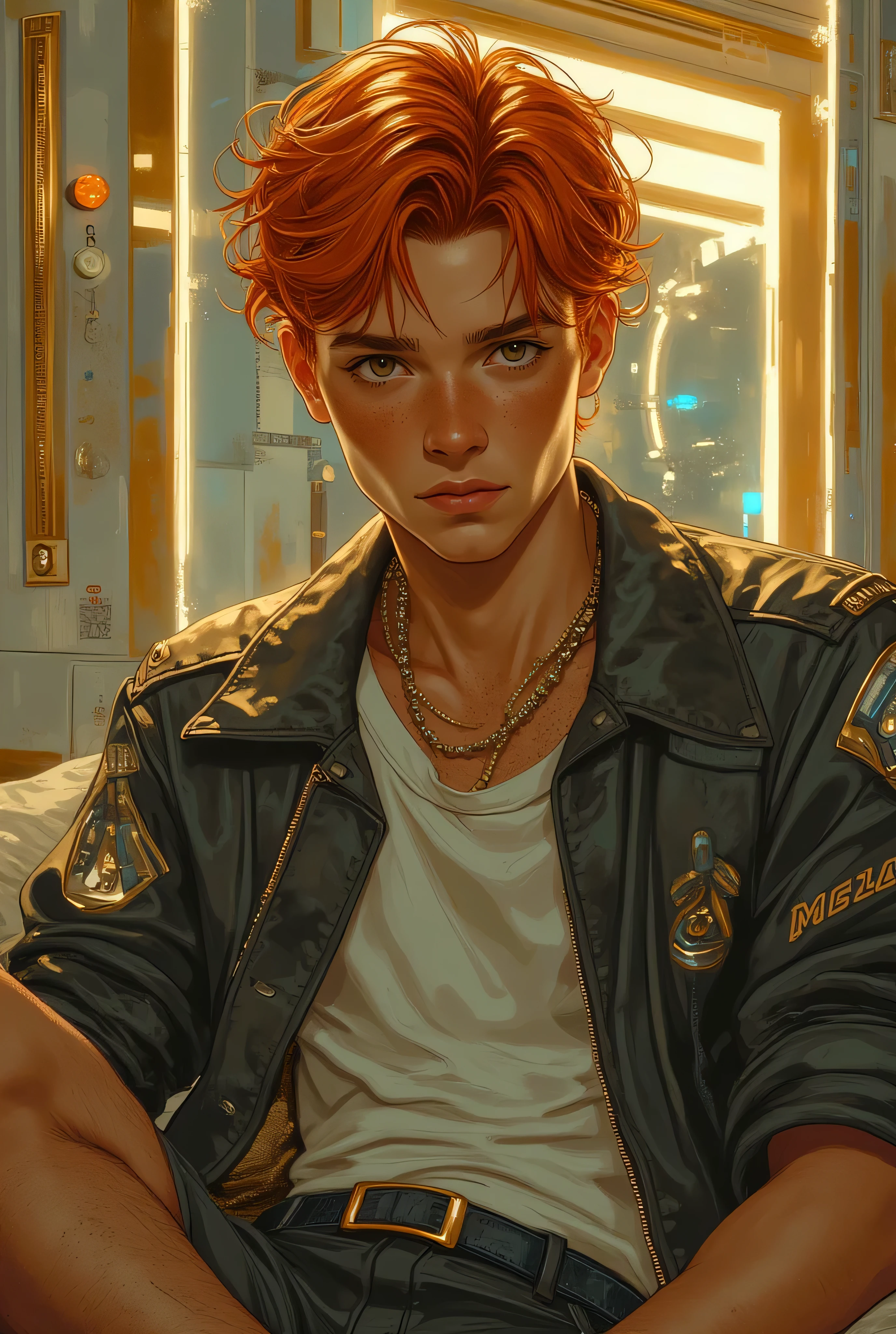 imagem cyberpunk: a young redheaded man,e sardas,  wearing modern and youthful clothes , inside a luxurious house