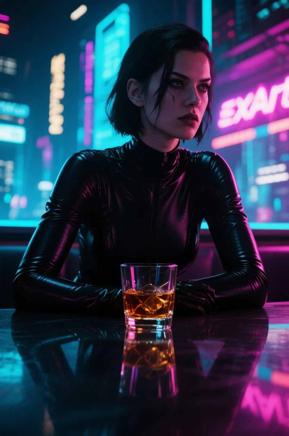 独自坐exist酒吧里的赛博朋克女杀手,exist"SeaArt Film"with strong neon backlighting,Heavy facial shadows,城市灯光倒映exist威士忌酒杯中, close up,Violent texture,Super realistic movie style