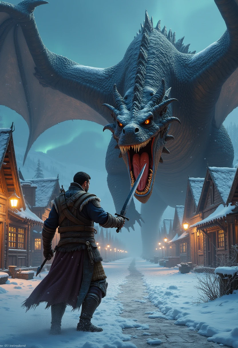 Fight, fight, man fighting with horrible creature, the witcher, blue purple and strange illuminated structure in the background, large light stone, realistic, stylish, rutkowski, hdr, intricate details, hyperdetailed, cinematic, rim light, danger atmosphere, night, red light, destroyed street, 4k, fire, magnificent