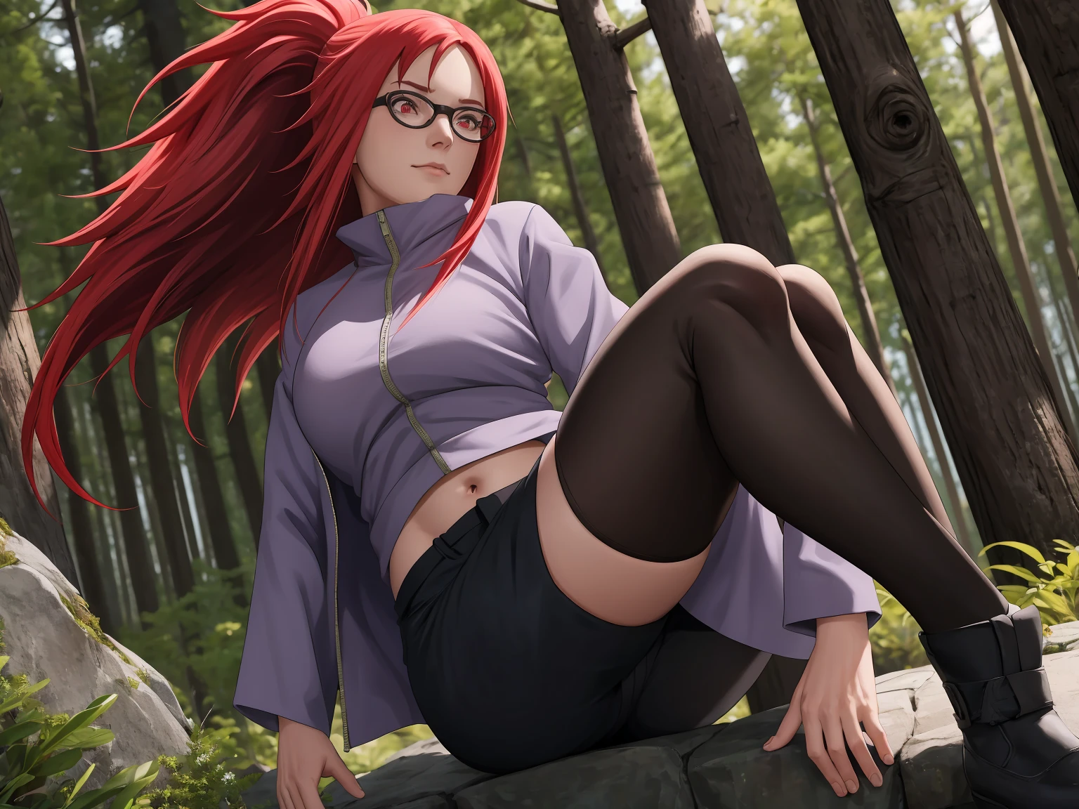 (masterpiece:1.2, best quality:1.2, beautiful, high quality, highres:1.1), detailed, extremely detailed 4K, Perfect red eyes, perfect face, perfect lighting, (1girl, solo, adult female, mature female), thin, lithe body,
karin, (red cat ears), long red hair, (Red eyes ), glasses, (big breasts), sitting
(red shirt), black bike shorts, black stockings, combat gloves, red ey color, cute looking, embarrassed
(outside, trees, japanese village background:1.2), closed clothes, closed zipper shirt, ((((sensual seductive, busty)))), high quality,