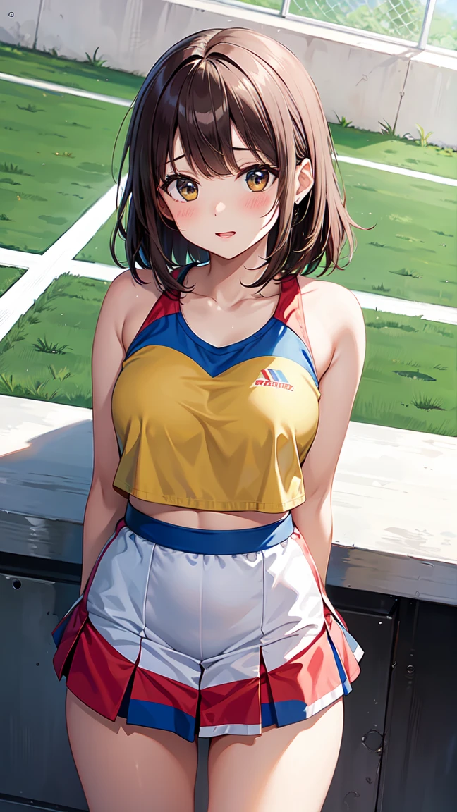 woman.(track and field). (world athletics).(yellow track uniform:1.2), sleeveless, (spectator seats).(packed auditorium).(separate track and field uniform).competition.(4+woman:1.5), perfect hands, thigh gap, show belly, running