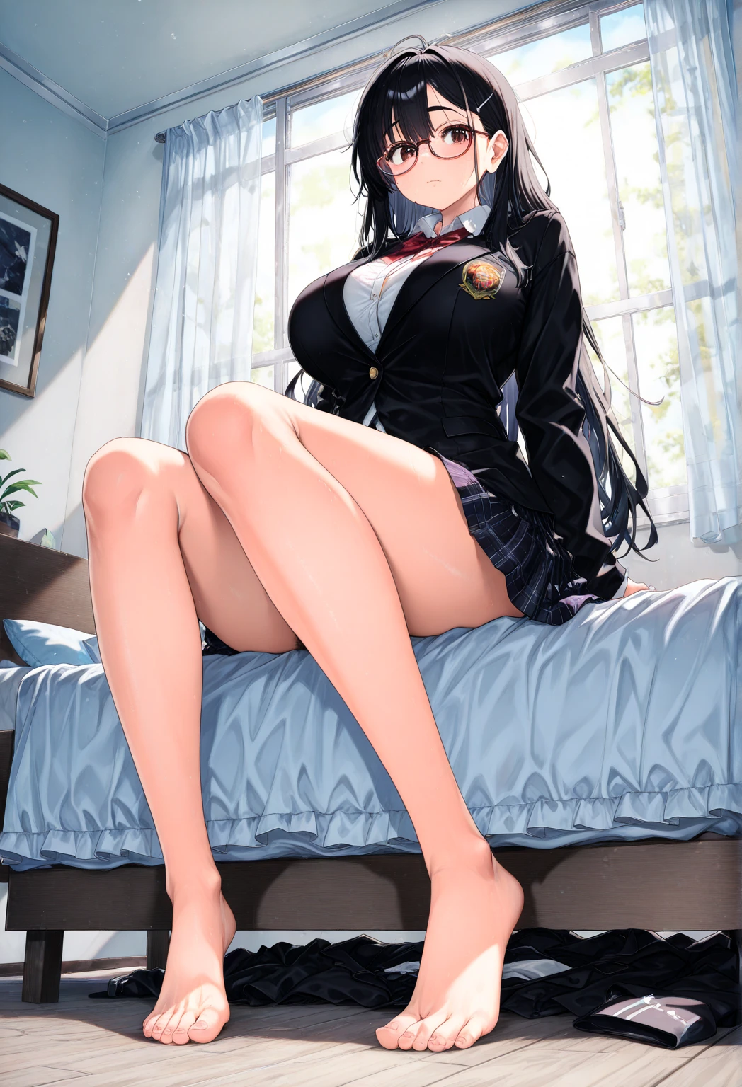 (One lady)、(masterpiece)、(best qualtiy)、(ultra-detailliert)、(a high chroma)、((tre anatomically correct))、(CG Illustration)、highcontrast、Gravure Pose、18 year old beautiful idol schoolgirl、(Fine and beautiful eyes)、Delicate beautiful face、((dishevled hair))、((Schoolgirl Uniform))、White pantielack stockingeutiful breast :1.3)、cleavage of the breast、teats 、((The best lighting))、simple background, nude girls, naked girls, presenting feet, feet, soles, arched soles, dorsiflexion, toes, legs,
