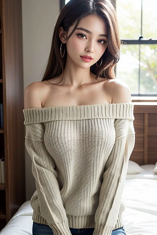 ((Best quality, 8k, Masterpiece :1.3)), 1girl,bed,Pretty woman with slender, Huge breasts, Long Hair,Big Laugh,V-neck white Sweater,Denim pants, Moody Lighting,Ultra-detailed face,Leaning Forward, cute eyes, Double eyelid,Full Body Shot