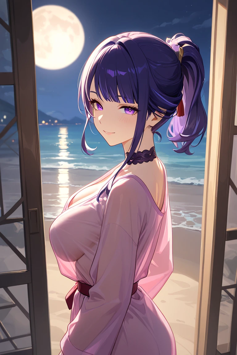 1 girl, game CG, black floral short kimono, thighs visible, gigantic breasts, visible cleavage, dark purple hair, long hair, hair up, princess hairstyle, ahoge, purple bright eyes, smile, standing on a bridge, night, bright moon, ultra detailed eyes, ultra detailed face, ultra resolution, highly detailed, ultra hd, 4k, 8k