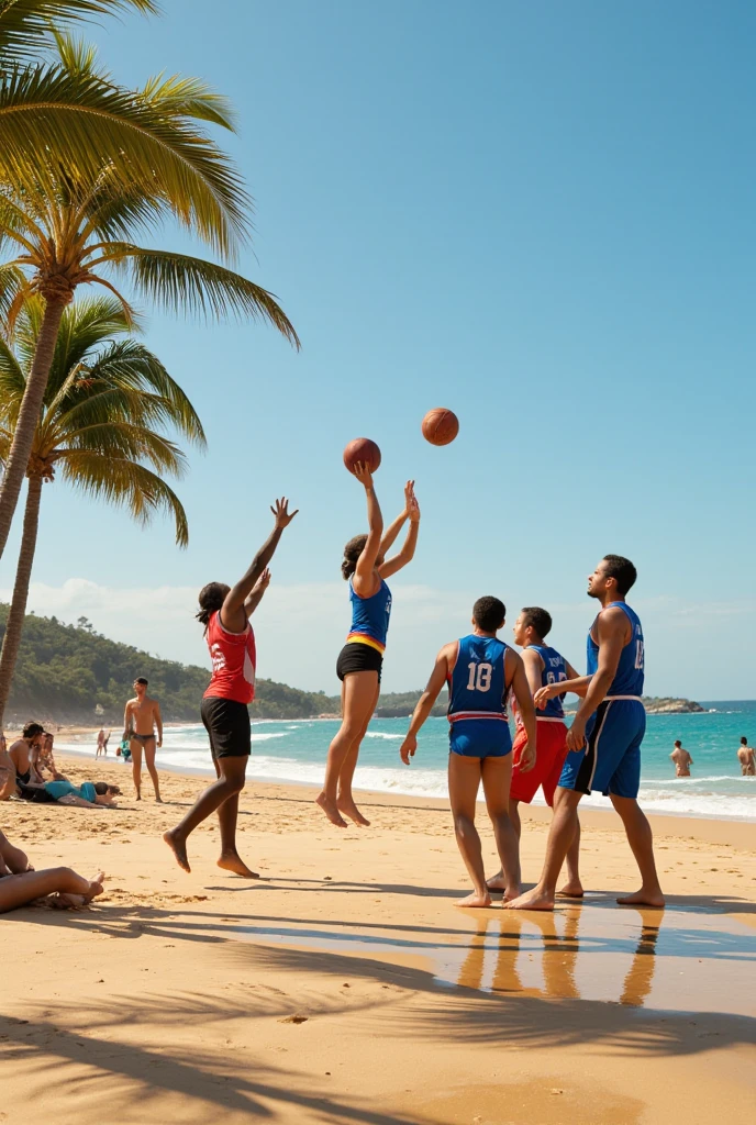 The image shows a sunny beach scene, with golden sand extending as far as the eye can see. No centro, a lively group of underprivileged children, vestindo camisetas coloridas e shorts, are gathered around a sand volleyball net. Some children are jumping to block or cut the ball, enquanto outras riem e torcem animadamente. Ao fundo, more children are engaged in a futvolley match, while others hit a beach tennis ball on a nearby court.
Around the group of children, there are some adult figures, representing project volunteers and trainers, incentivando e orientando os jovens jogadores. The blue sky is dotted with white clouds, conveying a sense of tranquility and hope.
Na parte inferior da imagem, the logo of the social project is highlighted, com um slogan inspirador, como "Construindo sonhos, um jogo de cada vez", em letras vibrantes e acolhedoras.
Essa imagem transmite a alegria, the camaraderie and social and physical benefits that the project offers to underprivileged children, highlighting the importance of sport and community at the beach.