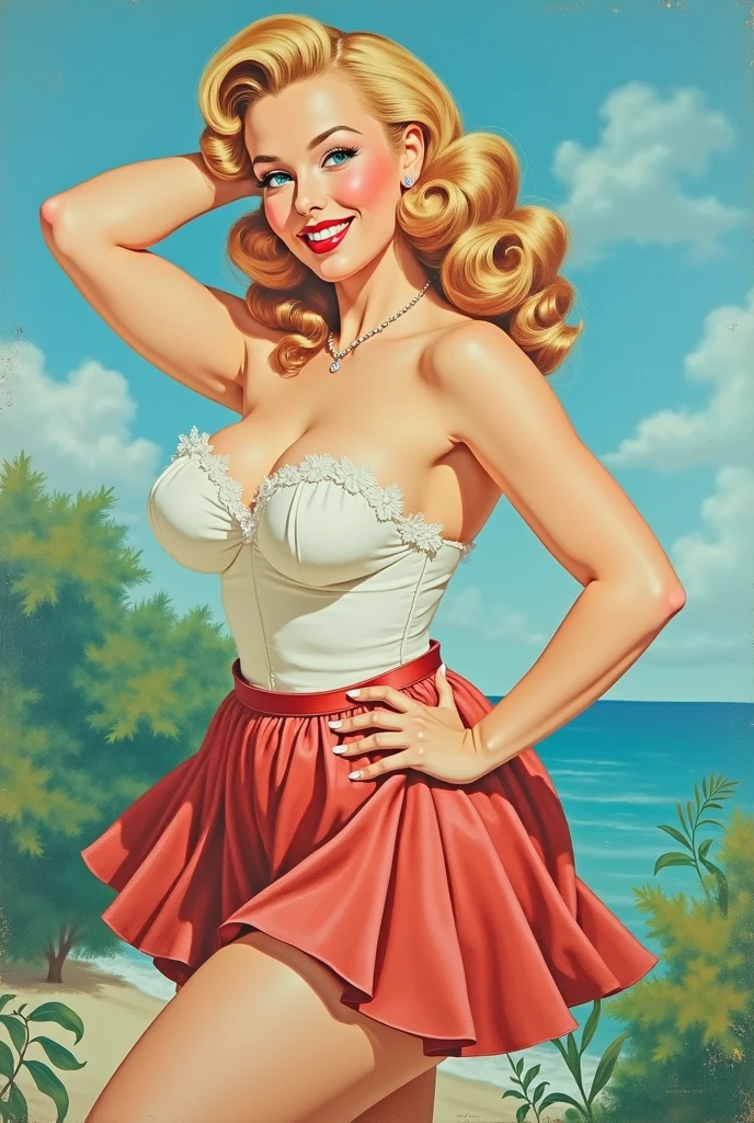 1girl, one single girl, alone.  A sensual Rachel Cook, walking toward the camera,  ((view from front)), (((wearing a loose fitting, low cut blue floral sun-dress))),  large breasts, skirtlift to show tiny white panties.  Highleg panties, ((Small string white panties))  Mischievous smile.  (((Bright blue eyes))).  Full body portrait, pin-up painting from the '50s, in the art style of Alberto Vargas, Baron Von Lind, award-winning, masterpiece  