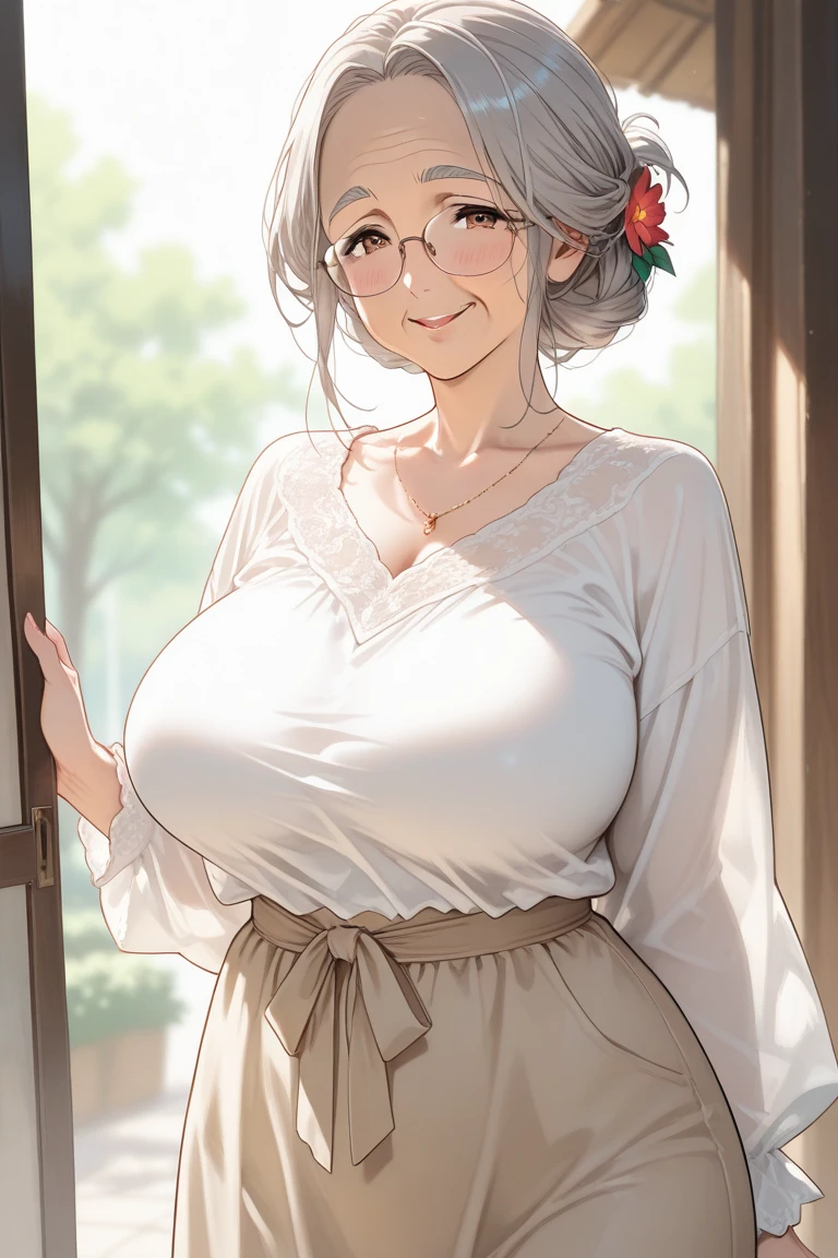 ((masterpiece)), (best quality:1.7), (detailed:1.4), (high res:1.4), 8k, (colorful:1.5), high resolution, sharped image, 4k, hd, (beautiful detailed background:1.2), (beautiful lighting:1.2), (highly detailed:1.2), perfect lighting, (8k wallpaper:1.2), (highly detailed:1.2), (extremely detailed CG:1.2), (((only white gray very long straight hair with two braid front bangs with red ribbon ties))), (only white hair), ((large full chest)), (((very busty))), curvy figure, (((light green eyes))), (white sundress with light green accents)), ((big round glasses)), flower field, mature, older, human adult, tall, fullbody