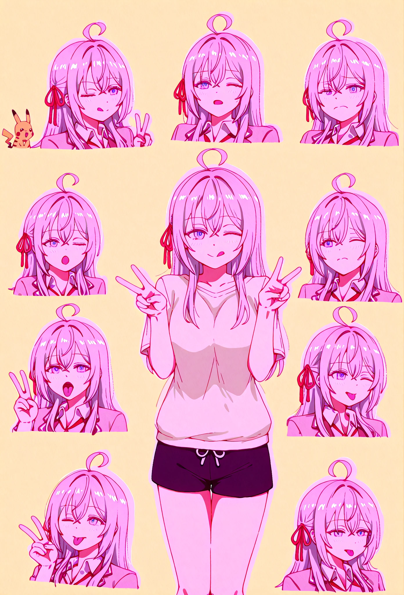pink hair black glasses pink eyes extremely blushing a big pink sweater short black short skirt black stockings be a reserved girl her bed