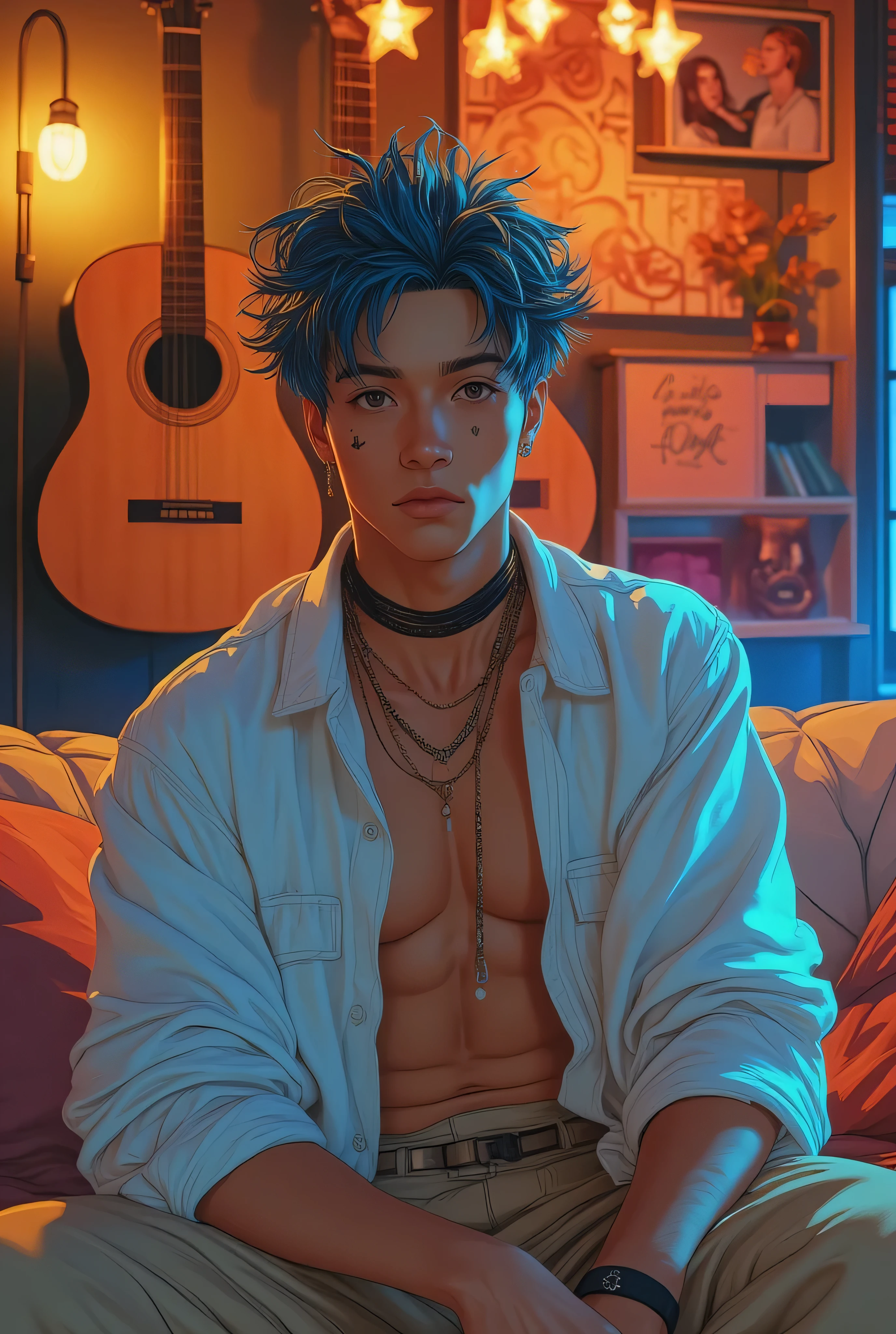 A handsome young man sitting confidently in a stylish, modern living room with warm ambient lighting, cinematic atmosphere. He has short, styled hair with vibrant blue highlights, a light tan complexion, soft facial features. He wears a loose white button-up shirt with an open chest and beige pants, a black choker and earring. A small black star tattoo is under his eye. Behind him, large acoustic guitar wall art, chandelier above, wooden panel walls with a small photo frame and the handwritten name "Lucas" above it. Cozy, artistic environment. Ultra-detailed, photorealistic, cinematic lighting.
Style fusion of Van Gogh oil painting texture and Cyberpunk neon color accents, rich brushstroke textures blended with glowing highlights, modern and classic merged aesthetics, dreamy and vibrant atmosphere.