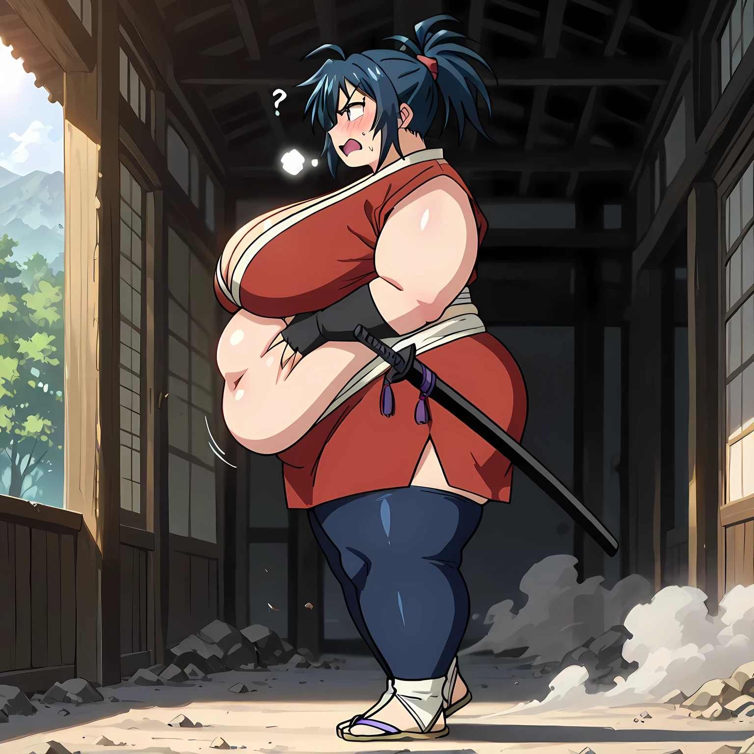 masterpiece, best quality, indoors, cinematic lighting, lens flare, flying debris, dust, smoke, amazing quality, very aesthetic, absurdres, best quality, newest, year 2023,  Manyuu Chifusa, Main Outfit, solo, weapon, outdoors, sword, sheath, nature, angry, frown eyes, huge breasts,   bulging belly, fat, chubby, obese, open mouth, out of breath, absurdres, highres icon, rating:General, confused, blush, {flustered}, nervous sweating, portrait, pov hands, hand on another's belly, averting eyes, [looking away], straight-on, from side, swollen face, masterpiece, best quality, ultra-detailed, high resolution, 8K,  full body shot,