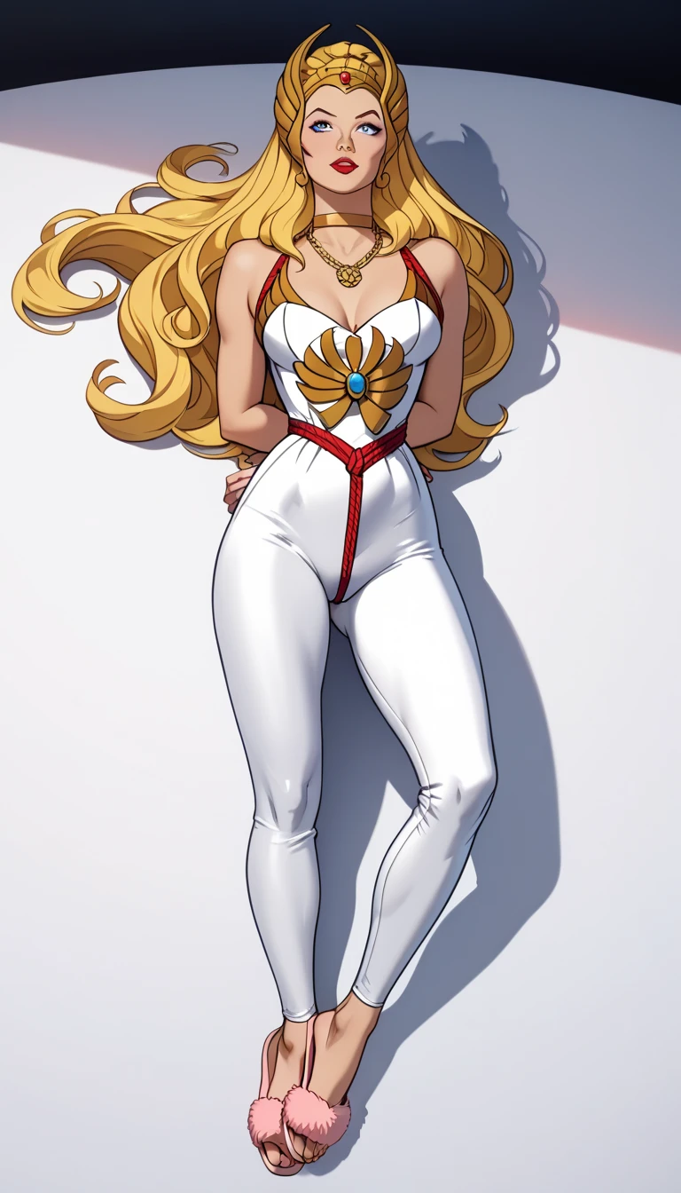 detailed photo of 1girl,
blonde, white dress, choker, she_ra, 
Dynamic pose,
smug smile, (red lingerie)

tall , (muscular body:1.3), (femenine hands:1.3),

skindentation, narrow waist, thighs,, eyeliner, eyelashes, perfect face, detailed eyes, facial lighting, cleavage, sexy

looking at viewer (masterpiece, high quality:1.2)