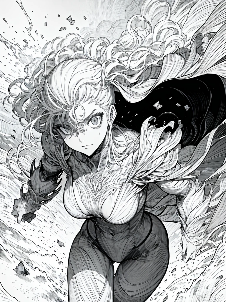Anime masterpiece, a drawing of a woman with long hair and long hair, beauty in demon killer art, perfect anime body, long legs, big breasts, full body movement, 4K manga wallpaper, full body fighting pose, realistic light and shadow, beautiful line art, strong line art, ink art, brush art, Kentaro Miura manga art style, his manga full body portrait, Kentaro Miura's manga style, Shigeri Aishima illustration, highly detailed fine doujin art, Detailed comic style