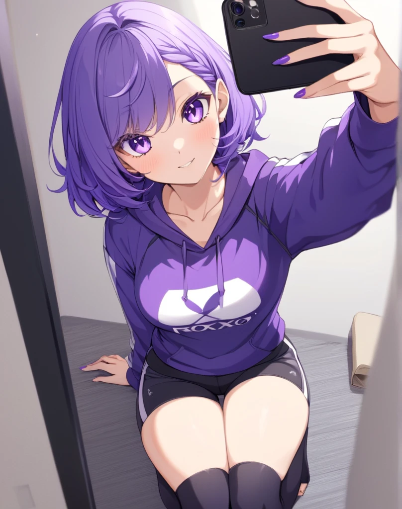 Femboy, feminine boy, male, feminine male, skirt, short skirt, short pink hair, blue eyes, heart eyes, freckles, thick ass, big butt, big ass, thick thighs, big thighs, striped thigh highs, black and white thigh highs, bikini, micro bikini, blush, blushing, cute smile, lusty smile, shy, is shy, mirror view, mirror selfie, holding phone, hoodie, black hoodie, bulge, visible bulge, no boobs, fellatio gesture, fellatio, 