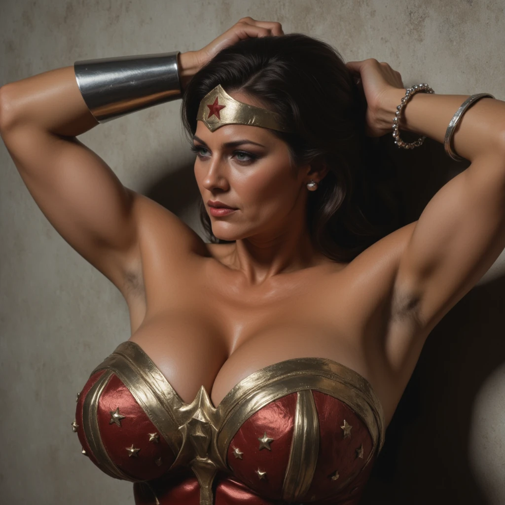 A muscular female god of war, flowing red cape, no panties, gigantic breast, massive breast, saggy breast, droopy breast, exposed breast, exposed vagina, thick pubic hair, hairy, bushy genitalia, detailed face, beautiful face, perfect face, raised sword, determined expression, ancient greek setting, dramatic lighting, (best quality,4k,8k,highres,masterpiece:1.2),ultra-detailed,(realistic,photorealistic,photo-realistic:1.37),cinematic composition,epic scene,intricate details,rugged landscape,fields of gold, fields of barley, bright atmosphere,vibrant colors