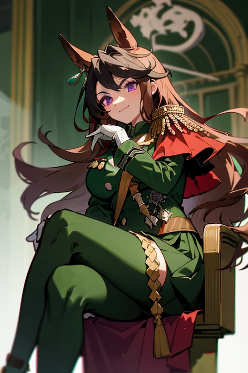 (((masterpiece, top quality)), 1 girl, horse ears, thighs, ((thunder behind), ((lighting)), palace, (tranchon), green clothes, palace, sitting on a throne, blush, black knee socks