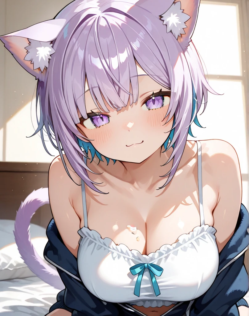 Masterpiece、Anime Coloring、Ultra fine、16K、Highest quality、((Lilac mesh))((blue cat ears、tail))、((White underwear、In underwear))、blush、from the front、Looking up、Medium Hair、bed、Stylish room、((Small breasts))、Cleavage、((paw pose))、detailed eyes、upper body、lie on bed