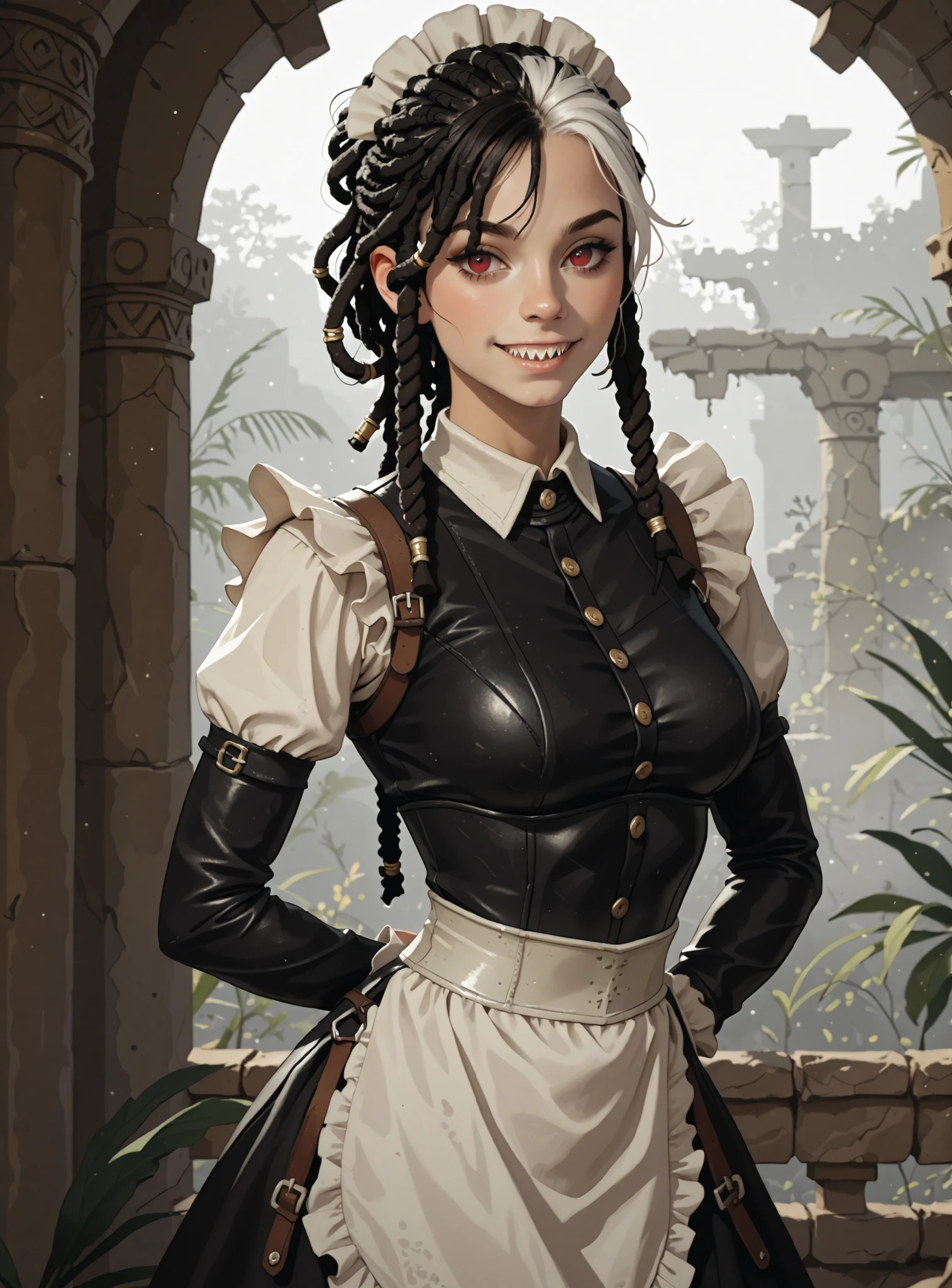 Slender body. White skin. Cute 18-year-old Asian girl with Asian red eyes and sharp teeth and dreadlocks with white highlights. She has a cute and beautiful face. She has a round and young face with a pointy chin. Her body is athletic with abs. She wears medieval an intricate medieval leather dress with corset and buttons. Background: medieval jungle ruins. Realistic lighting. DnD art-style. Looking at the viewer.