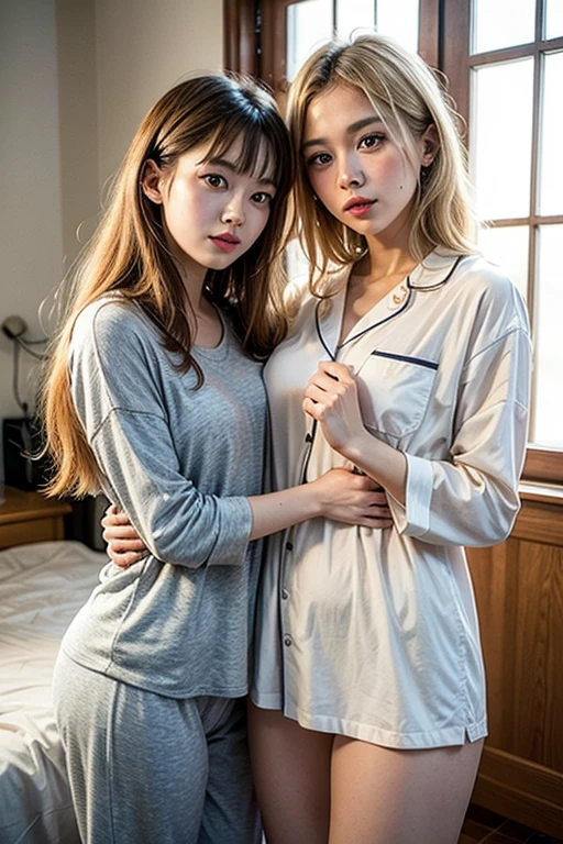 (Raw photo:1.2), (Photorealistic), Beautiful detailed girl, Very detailed eyes and face, Beautiful detailed eyes, Huge file size, High resolution, Very detailed, Best Quality, [masutepiece:1.6], Illustration, Very detailed, Fine detail, Best Quality, 8K Wallpaper, Movie Lighting,15 year old female student and 32 year old young mother, livingroom, Pajamas, Underwear is visible, The white bra is visible., White panties are visible, Happy look, white  panties, Slim body, Young Face, Smaller chest, Immature body,good parent and child inside, young looking mother, mature female student