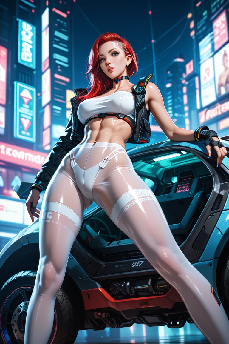 Sexy onlyfans post from candice swanepoel. sexy urban attire showcasing a slender body and exposing her perfect petite breasts. topless, full body image. perky athletic breasts. nipple piercing. Alluring and sensual pose. Adult oriented pin-up style with colorful cyberpunk background