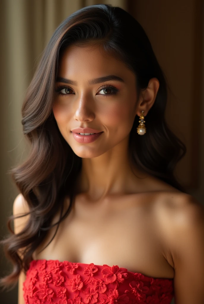 Latina de 19 ans aux longs cheveux bruns, femme célibataire, habillée d'une belle robe rouge, visage détaillé et complexe, beaux yeux marron clair, gros fesses naturelles, dans la chambre, sourire narquois séduisant. Son corps et son visage sont parfaits, avec une peau super détaillée et impeccable. La scène est très détaillée, vibrante et hyper réaliste. Rendu de haute qualité avec un éclairage naturel réaliste. Texture photoréaliste et haute résolution. Proportions réalistes, mélange homogène de détails, expression authentique avec de subtiles imperfections cutanées, texture de peau complexe. Visage féminin très détaillé, beaux yeux détaillés (1.2), bouche fermée (1.2), texture haute (1.2), réalisme (1.2), rendu de haute qualité (1.2), éclairage naturel, ultra haute définition. La photo est prise à distance, capturant tout son corps et son environnement avec un équilibre parfait entre détails et contexte.