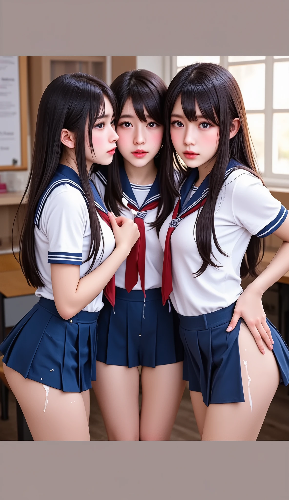 reversed gangbang, nsfw, pov, 1boy, 3girls, nude, schoolgirl, skirtlift, legs open, ((sex scene)), slit_pussy, perfect pussy, cum, cumdrip, (masterpiece: 1.4), (8K, realistic, raw photo, best quality: 1.4), Japanese girl, beautiful cute face, (real face: 1.4), beautiful hairstyle, realistic blue eyes, beautiful detail eyes, beautiful breasts, (real skin: 1.3), beautiful skin, attractive, ultra high resolution, illustration, ultra realistic, school uniform, short black hair