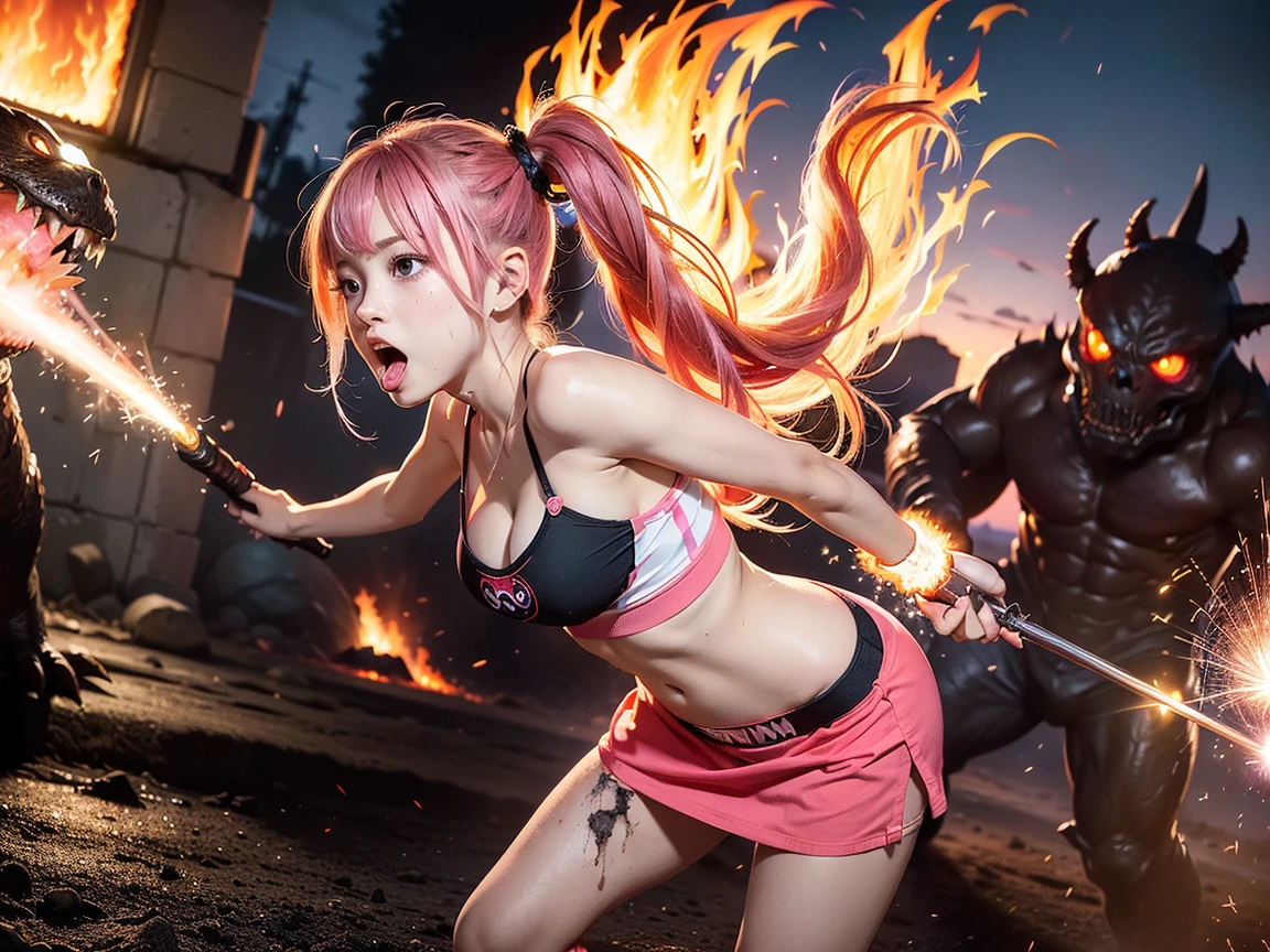 1girl,net bikini jeans, ponytail ,pink hair, green eyes, magic circle, blue flames, wallpaper, landscape, blood, blood splatter, depth of field, night, light particles, light rays, sidelighting, thighs, fate \(series\), genshin impact, ****, skirt, thighhighs, big