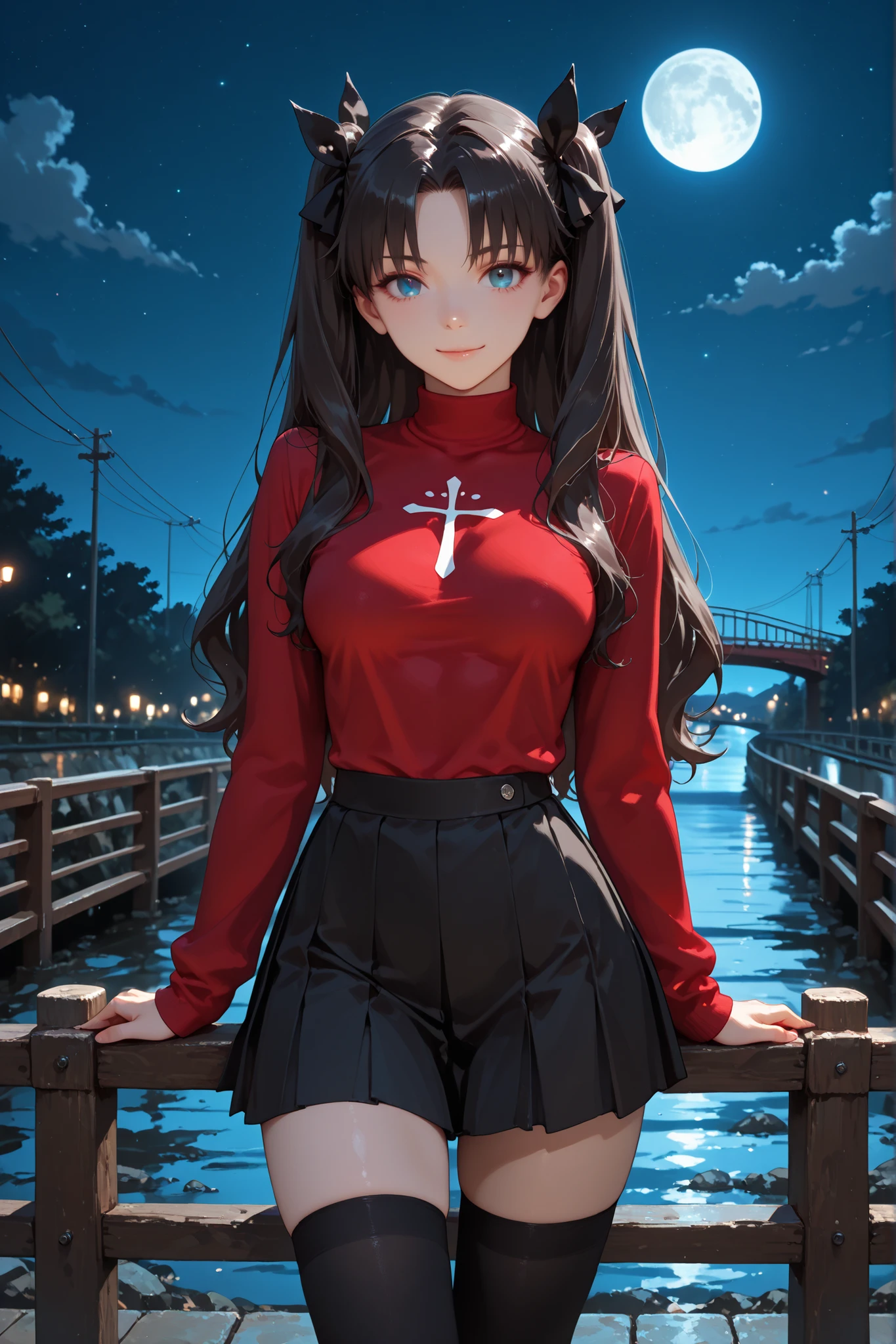 1girl, Tohsaka Rin, black hair, long hair, blue eyes, two side up, bangs, hair ribbon, parted bangs, medium breasts, black hair ribbon, pullover, turtleneck, center chest emblem, red pullover, black skirt, pleated skirt, black thighhighs, outdoors, night, near a bridge, moon, standing, looking at the viewer, gentle smile, pretty, sexy, attractive, sexy pose, masterpiece, ultra detailed, very aesthetic
