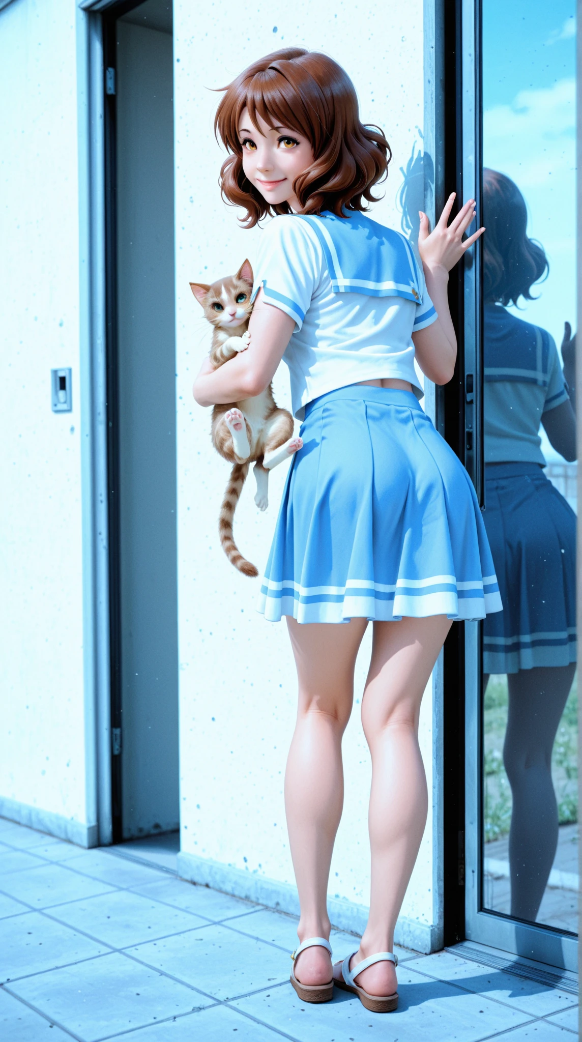(Highest quality, masterpiece:1.2),pressure, Pleated skirt, 1 High school girl, Main cat, Depth of written boundary, High resolution, 超High resolution, 8K, Very detailed, Sun light, blue sky, At the school pool, Summer clothes for high school girls, Big Breasts, Cat legs, Cat's paw,