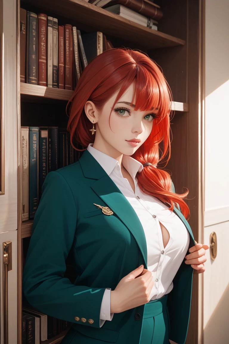Kushina working in an office , olive and white suit , , holding papers , seductive , cleavage
