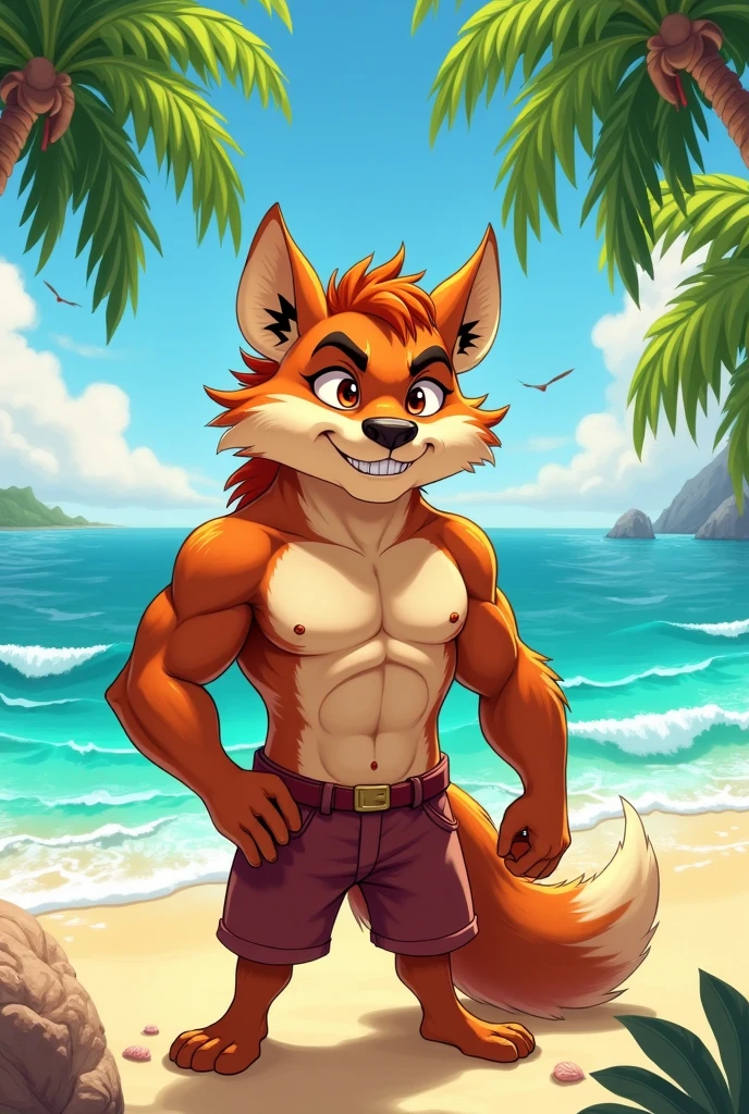 Furry, anthropomorphic, fox, muscular, nipple piercing, solo, hairy pectoral, orange  fur, lime green hair, in the beach, sunset, happy ,showing is paws,with white and red socks ,nipple,no shoes and shorts ,nick wild