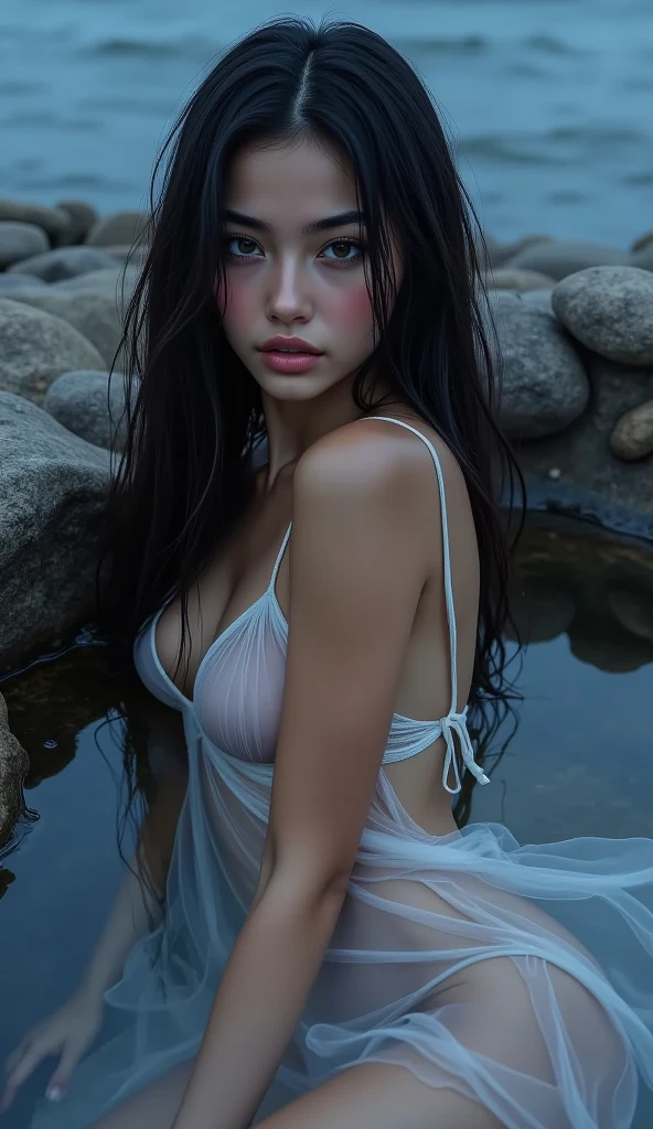 gorgeous 18 year old female with wavy brunette hair detailed alluring eyes d-cup breasts, Thigh gap long sexy legs wearing (tiny black thong), (tiny white singlet) laughing at seashore, mist, wet, raining, best quality masterpiece, photorealistic, detailed, 8k, HDR, shallow depth of field, high contrast,
