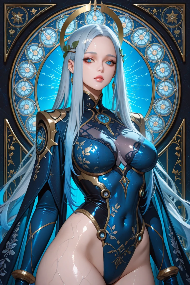 (best quality, high resolution, masterpiece:1.2), Super detailed, Beautiful and delicate lake green eyes, Beautiful and delicate lips, extremely detailed face, super long hair, 1 girl, Beautiful girl with aqua blue hair, Wearing a dark blue Luminous nun costume, Lace platinum nuns headscarf, (gold ornaments), ((golden and silver pattern)), (light blue pattern:1.37), (complex pattern:0.9), Lovely, attractive, portrait, delicate eyes, ancient church, Luminous earrings, Reflective pupil, see-through clothing design, (empty:0.7), chiffon, (lace:0.7), black gloves, Cubist Futurism, anime, Cubist Futurism, anime, 8K, textured skin, UHD, ccurate, textured skin, super detail, UHD, ccurate