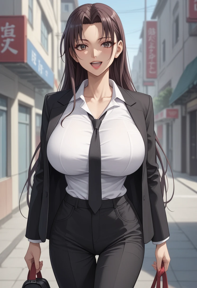 Hye-Jeong,  1girl, breasts,  cleavage, jewelry, long_hair, earrings, solo, bracelet, pantyhose, large_breasts,  dress, formal, looking_at_viewer, hair_over_one_eye, parted_lips, bag, handbag, night, mature_female, office_lady, black_dress, suit