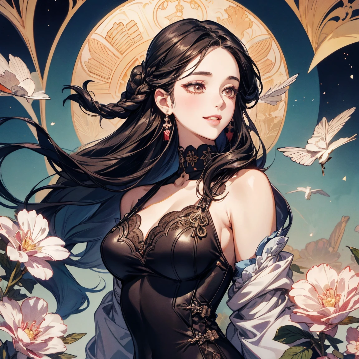 ローアングルFull Body Shot1.4、（Pitch Black Night、moonlight、Black Sky、Distant Mountain々々You can see a wide meadow、Lots of petals、Hair blowing in the wind）（（（Yellow and black dress、High heels）））、（（（Full Body Shot、Saints praying to the moon）））（（（Japanese women, 18-year-old、Small face 1.4、、Blunt bangs、length、Straight hair、Black-haired、Five Fingers、Full body photo 1.4）））、（Small ear-shaped arms and legs、Waist circumference、Detailed skin with blood vessels showing through、Beautiful skin shining with sweat、Detailed skin with visible pores、Realistic, Detailed skin of downy hair、リアルでDetailed skin、Highly detailed and beautiful face、Beautiful and well-proportioned face、Very cute face、Darkening of the armpits、Detailed skin）