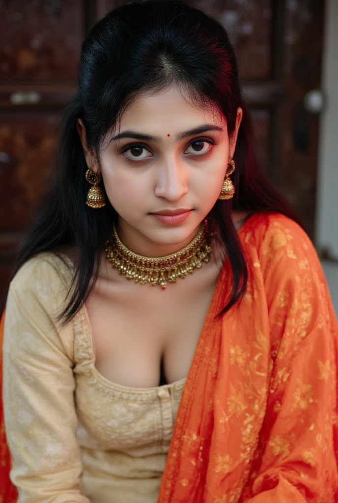 best quality, face focus, soft light, ultra high res, (photorealistic:1.4), 1 Indian girl sitting on sofa, (pupil, lights in the eyes), detailed beautiful face, (high resolution detail of human skin texture), (long hair), indoor,wearing an Orange colour transparent blouse, cleavage, big breasts. 