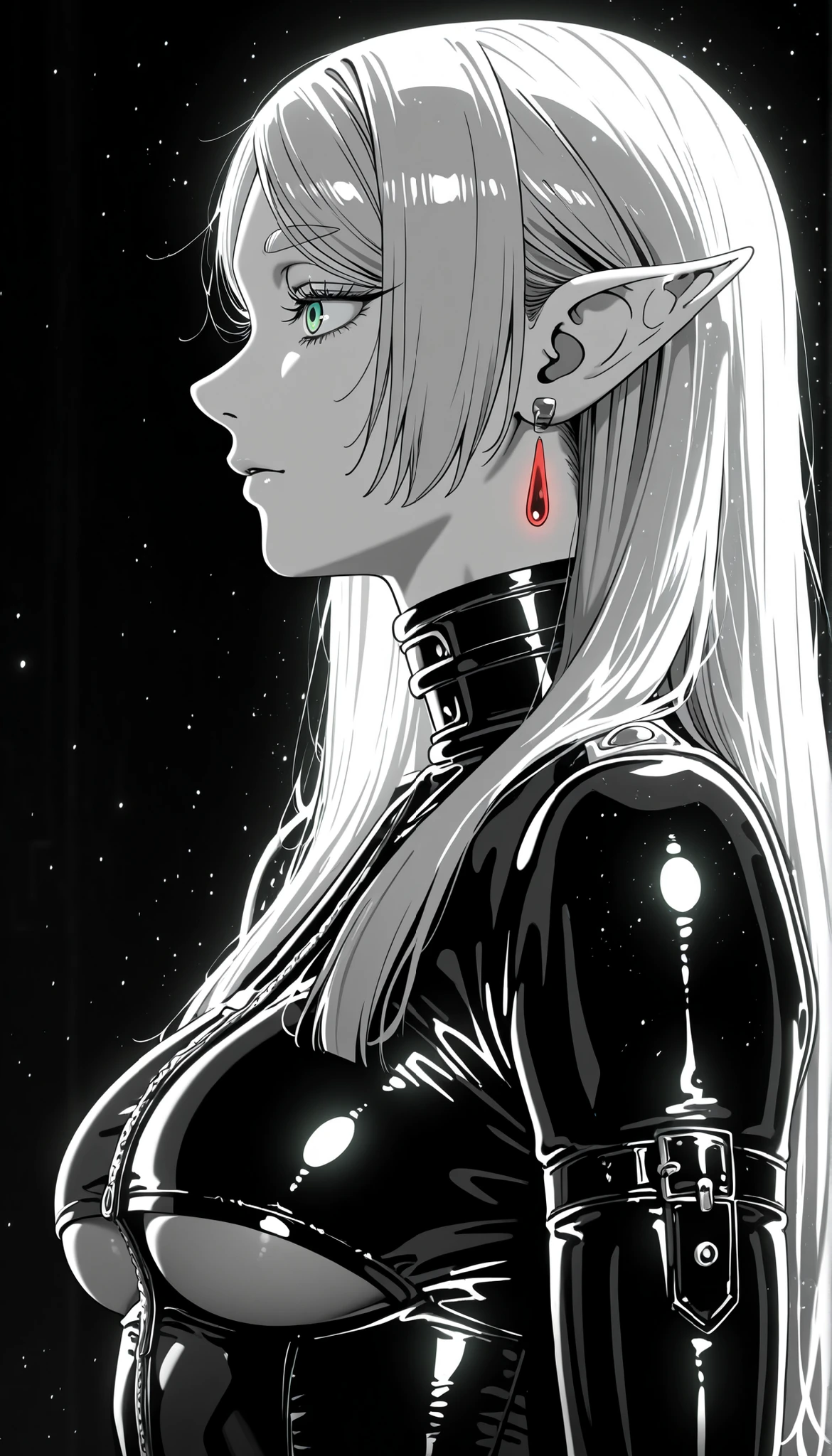 frieren de Frieren ,blurred background,profile,eyelashes,super detailed green eyes,super detailed green eye earrings,In the heights, Photorealistic, detailed mosos eyes, detailed leather, detailed hair, volumetric lighting, Extremely detailed dapple, light particles, dramatic shadows, movie lighting, photo background, depth of field,Underboobs, monochrome,grayscale,green eyes on the background,messy line art, limited palette , black background, colorful , Animated,brilliant contours,neon, black light ,