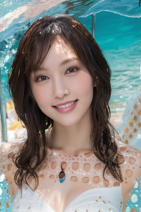 pieces fly, highest quality, Super detailed, small details, High resolution, 8K Dende Wallpaper, ((whole body)),perfect dynamic composition, detailed and beautiful eyes, ladies fashion summer,medium hair, D cup breast natural color lip, bold sexy pose,shy smile,harajuku style、30 year old girl、cute type、sexy shot looking at camera, bra strap display